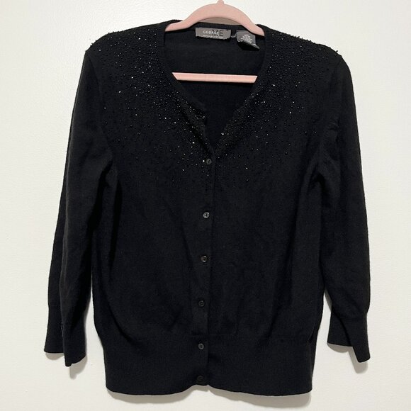 George Womens Beaded Cardigan Sz XL Black Lambs Wool Cashmere Angora Glam Party - Picture 1 of 7